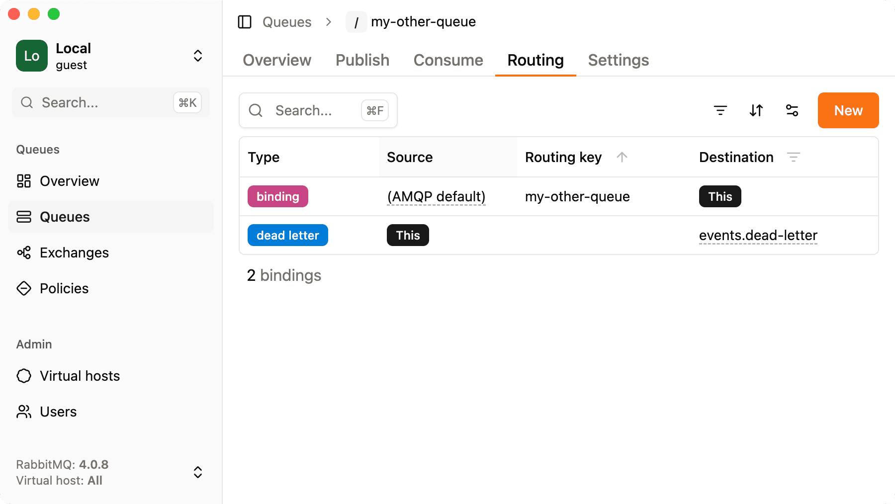 A queue with bindings and a dead letter exchange in rabbitmq
