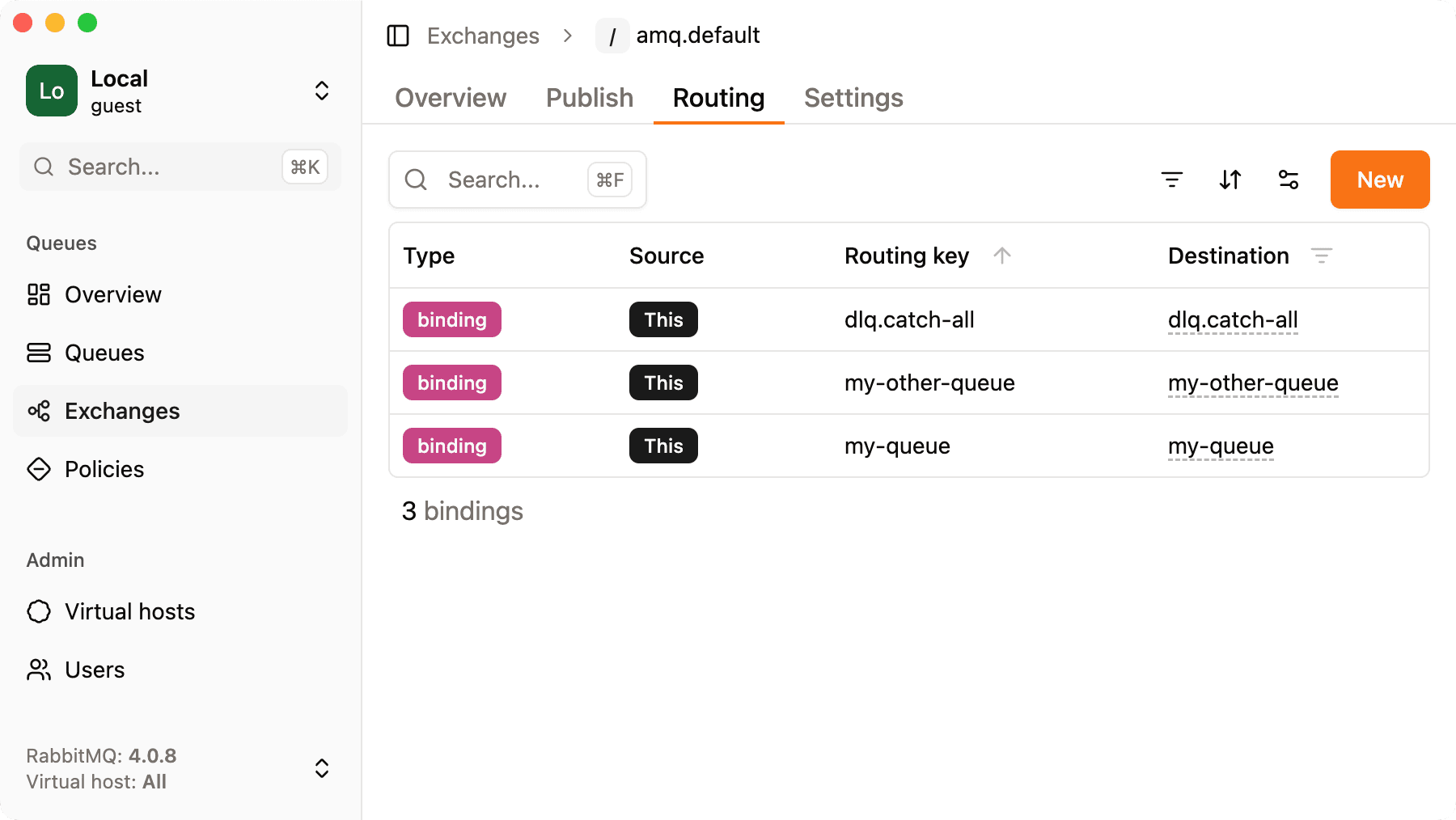 An exchange with only bindings for rabbitmq