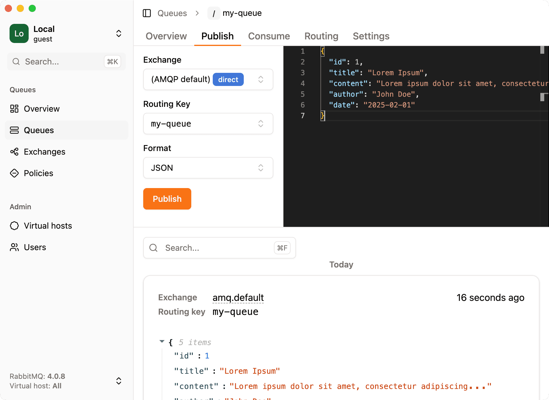 Json editor to publish messages to rabbitmq