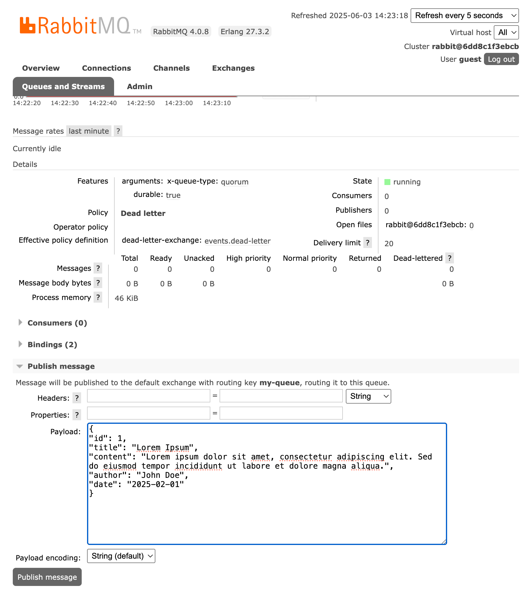 Rabbitmq management plugin send message screenshot