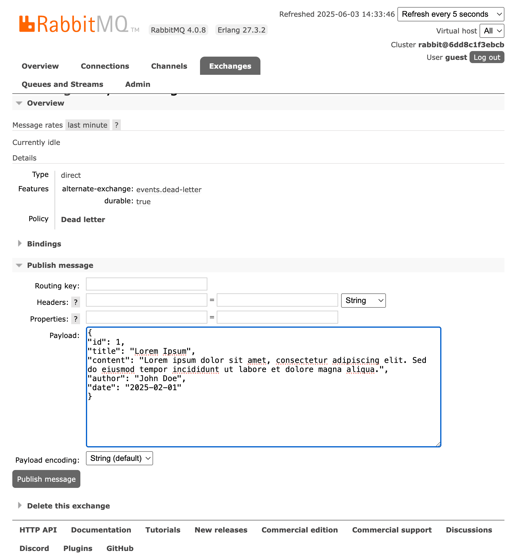 Rabbitmq send message to excahnge via management plugin