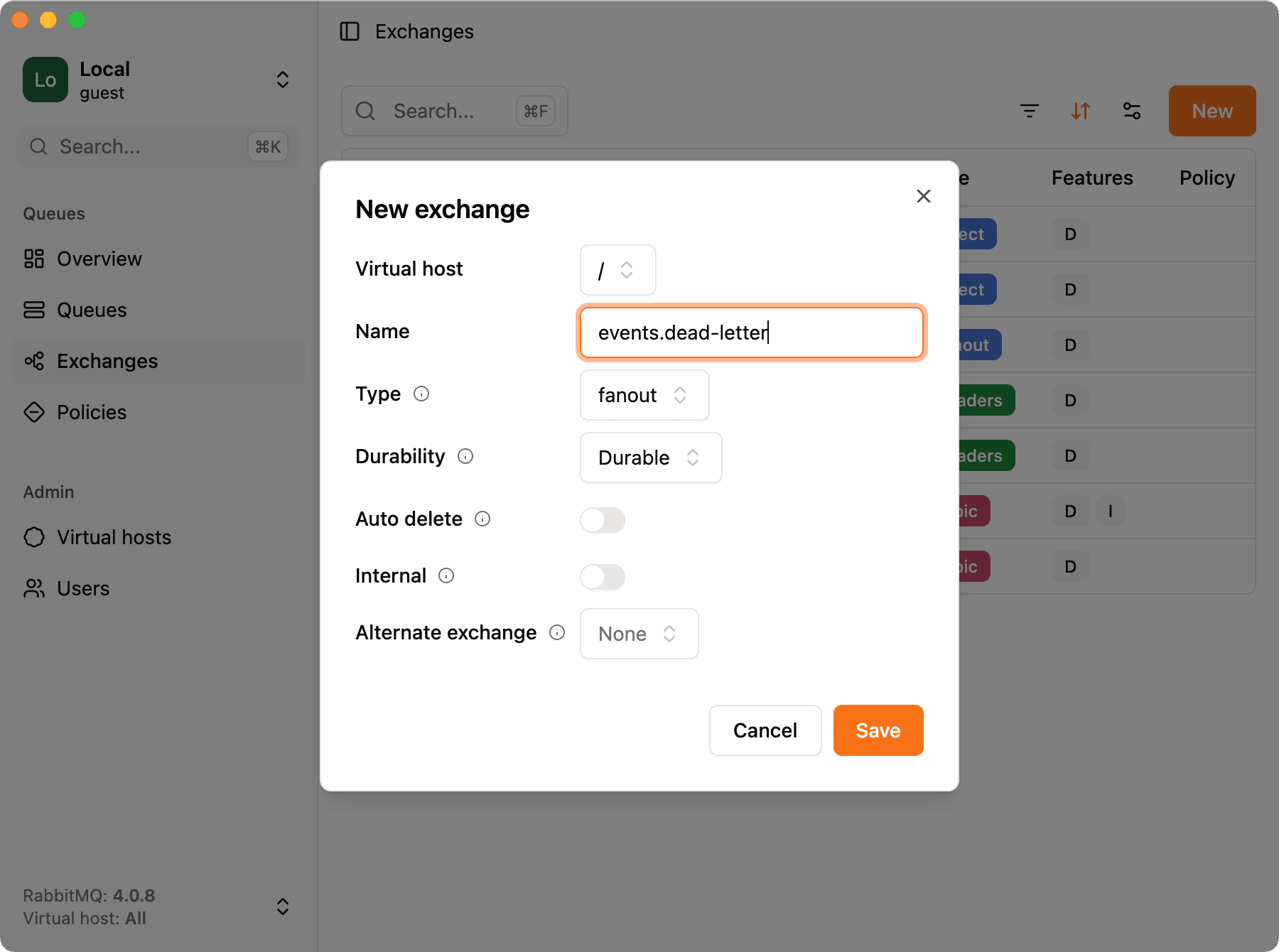 Screenshot create exchange rabbit mq