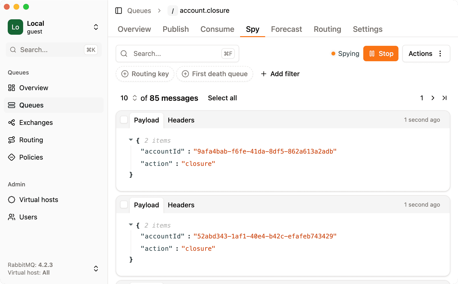 Screenshot of rabbitgui spy on real time queue traffic