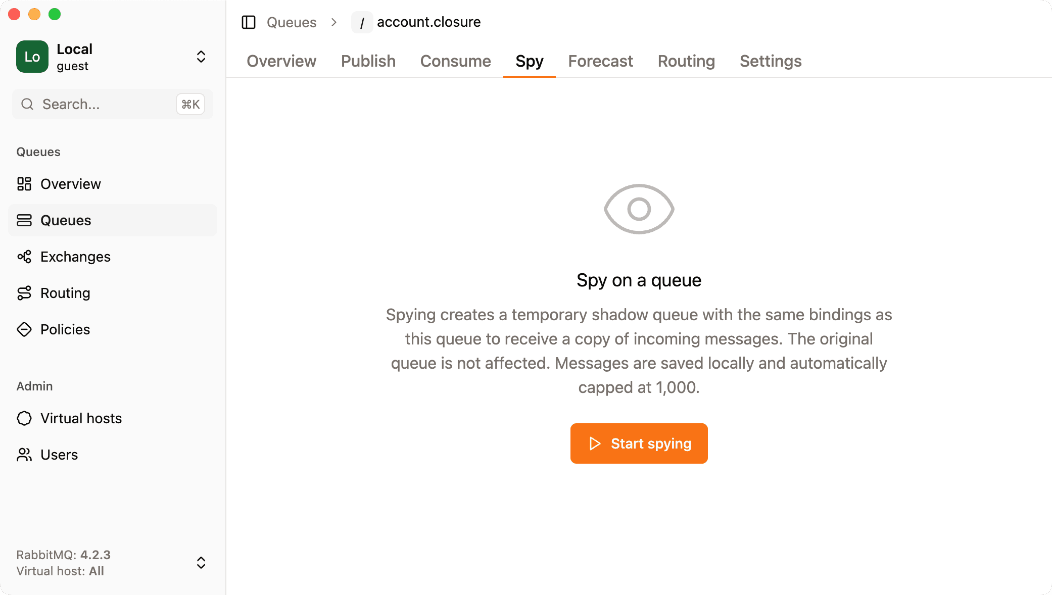 Screenshot of rabbitgui to trigger spying on queues