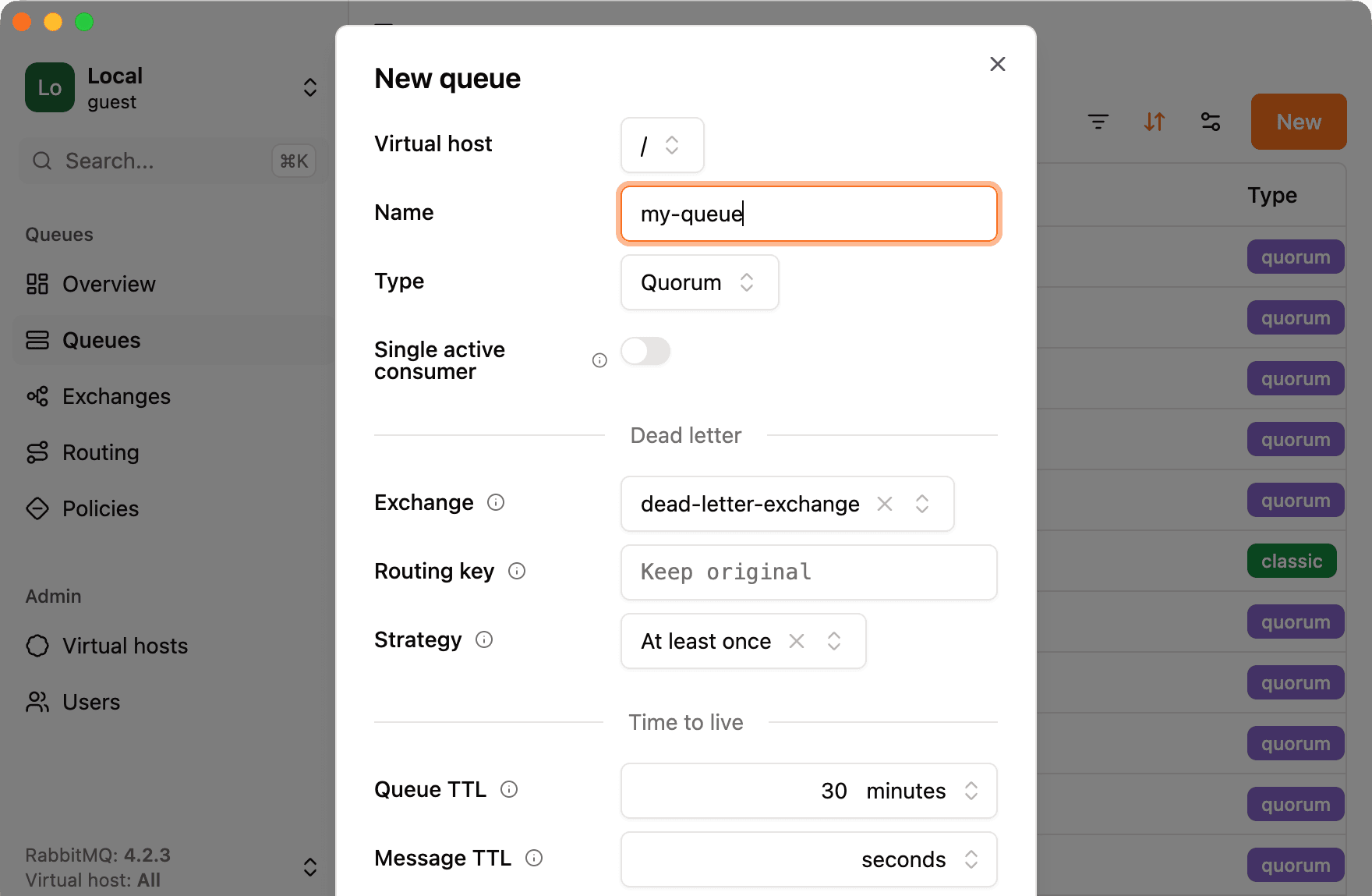 Screenshot rabbitgui create new queue