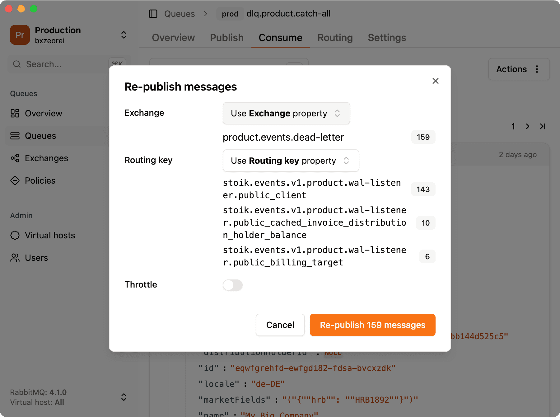 Screenshot republish dead letter queue messages rabbit mq