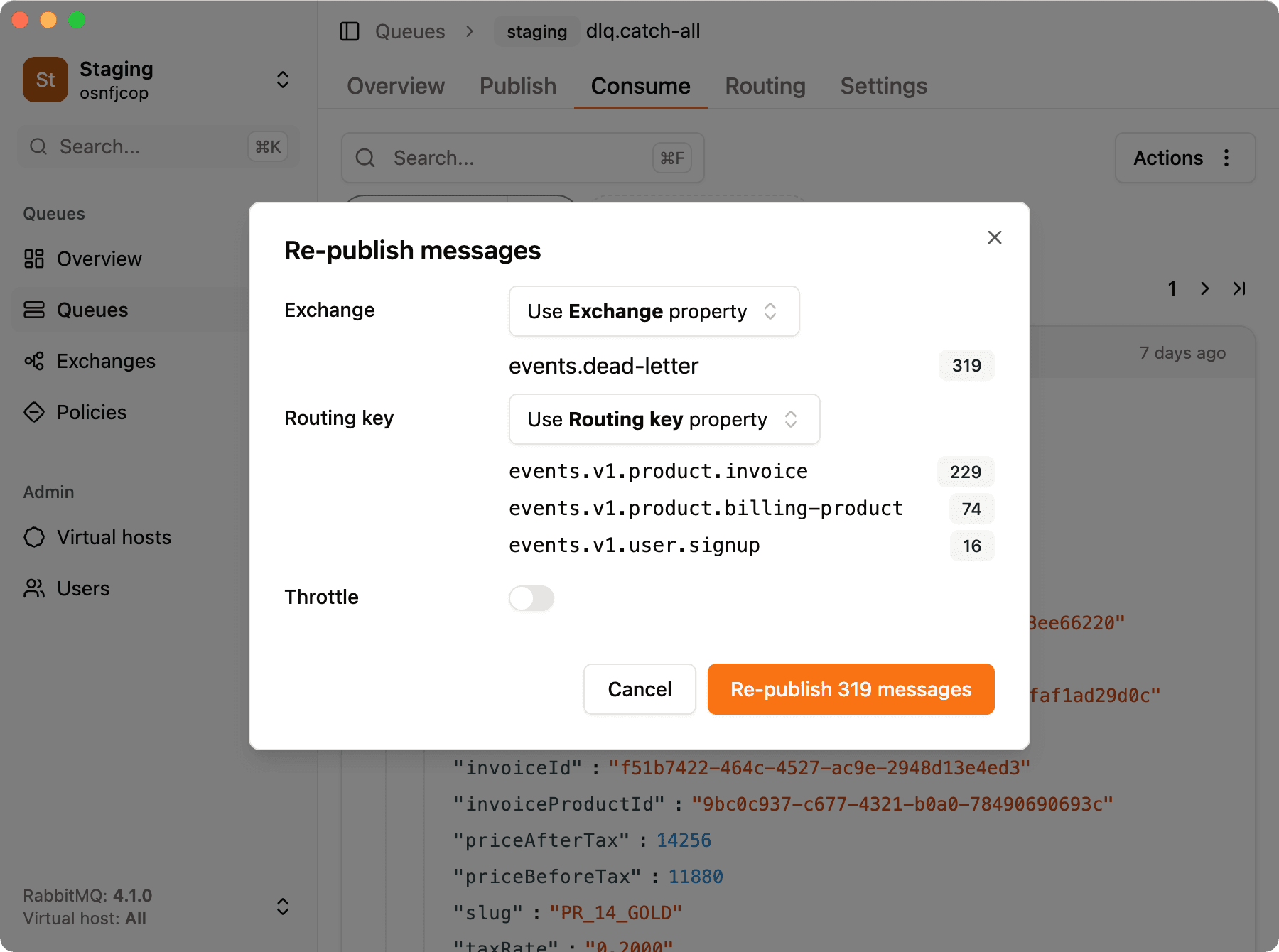 Screenshot republish dead letter queue messages rabbit mq