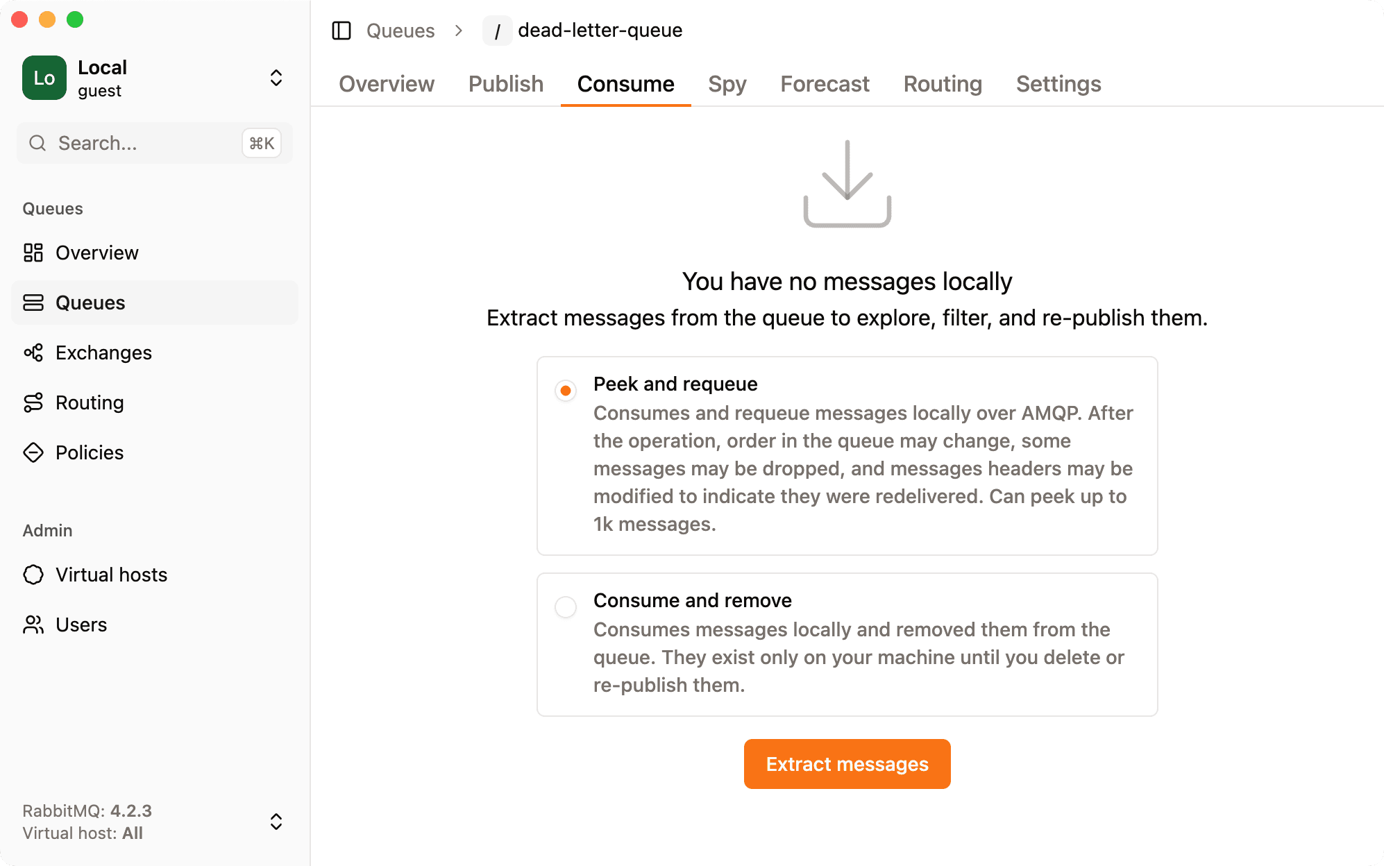 Screenshot of rabbitgui for consuming queue