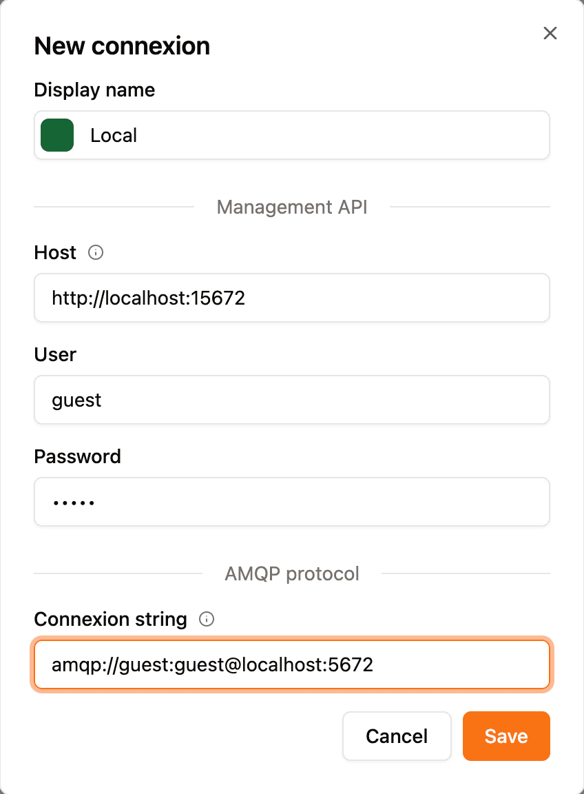 Screenshot of rabbitgui for inputing connexion string