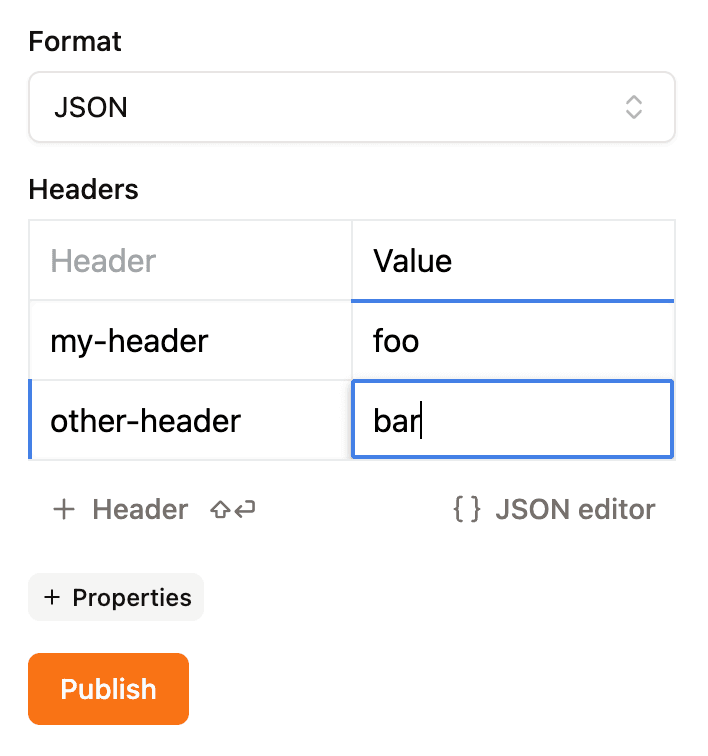 Screenshot of rabbitgui when publishing a message with custom headers